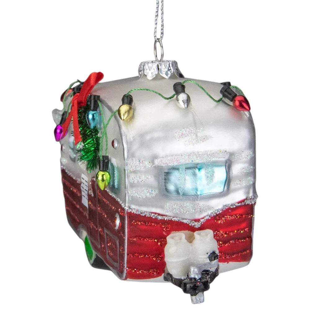 Vintage Glass Christmas Camper Ornament with Lights and Wreath Decorative Accent Indoor Gift Camping Enthusiasts 5 Inch