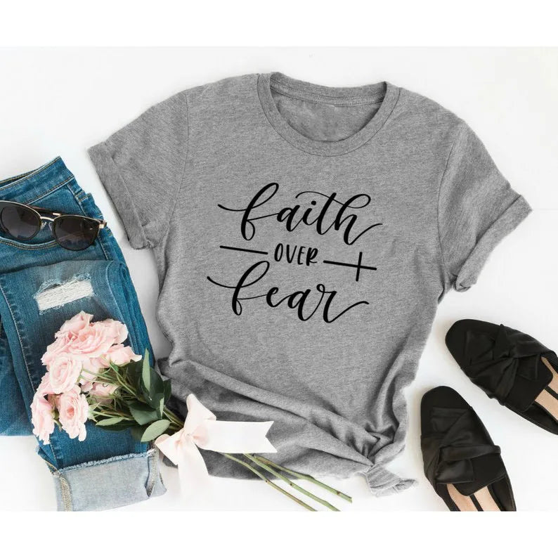 Faith Over Fear Christian T-Shirt Religion Clothing For Women Faith Shirt Graphic Fearless Slogan Vintage Grunge Tops Girl tees