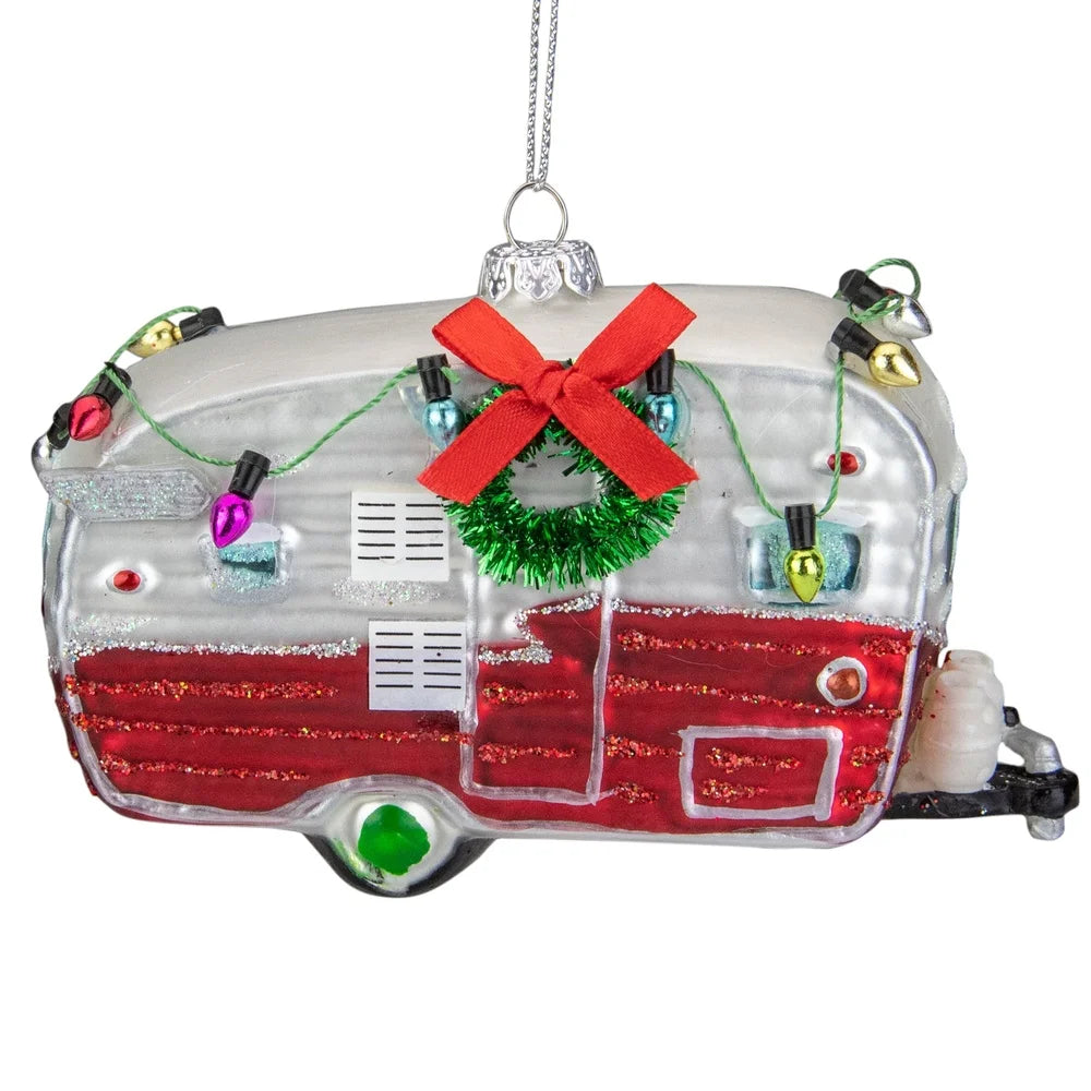 Vintage Glass Christmas Camper Ornament with Lights and Wreath Decorative Accent Indoor Gift Camping Enthusiasts 5 Inch