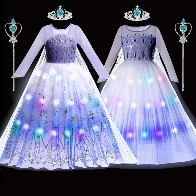 LED Light Up Elsa Dresses for Girls Kids Carnival Christmas Party Gown Childrens Cosplay Party Clothes Girls Long Sleeve Dresses