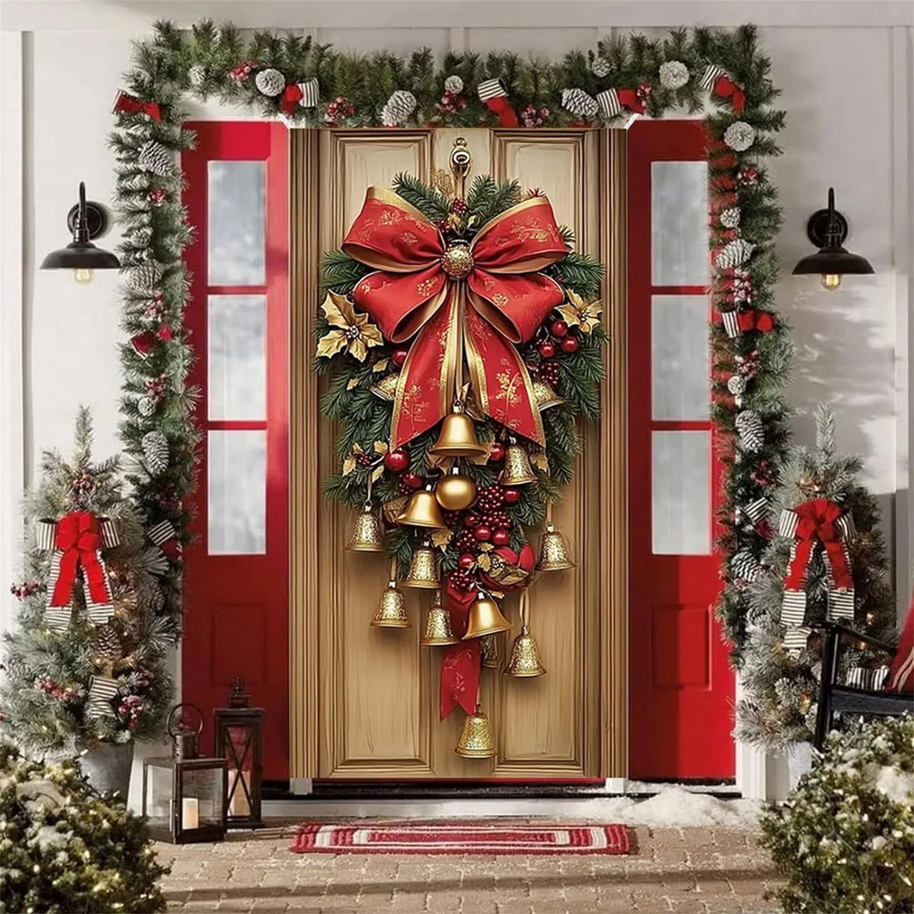 Christmas Wreath with LED Lights and Pinecones for Front Door Decoration Festive Holiday Door Hanger with Bow and Bells