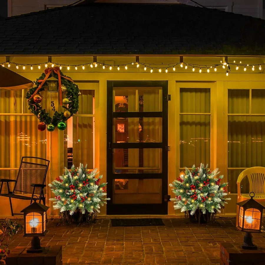 2 Pack Lighted Artificial Christmas Urn Filler Battery Operated Prelit Xmas Pine Trees with Tripod Stake and 60 LED Lights for