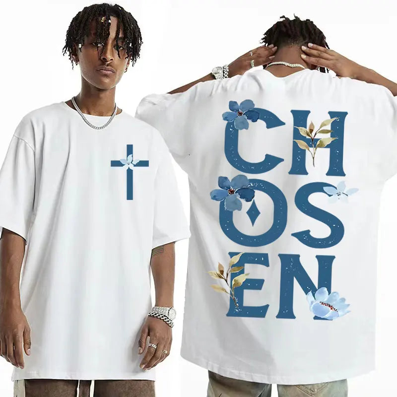 2025 Chosen Floral Aesthetic Bible Verse 100 Pure Cotton Printing T-shirts Trendy Christian Clothing Men's Fashion Retro Style