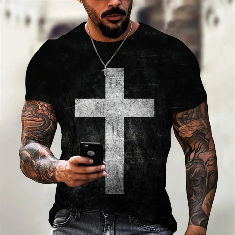 Christian Men Clothing T Shirts Oversized T-shirt Gothic Jesus Christ Cross 3D Print O-neck Tops Vintage Personality Unisex Tees