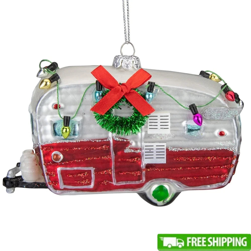 Vintage Glass Christmas Camper Ornament with Lights and Wreath Decorative Accent Indoor Gift Camping Enthusiasts 5 Inch