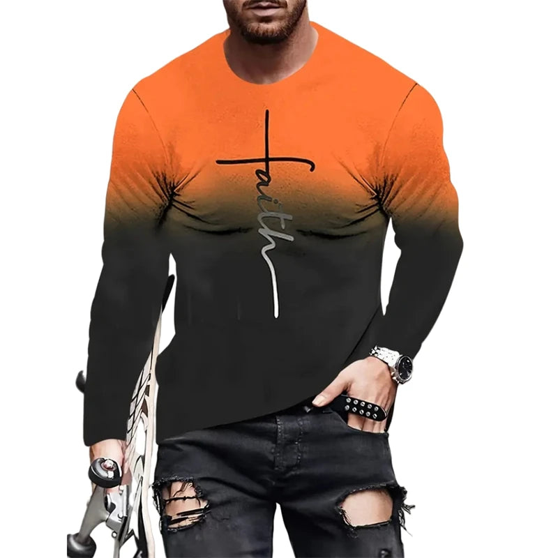 Men's T-shirt Christian Letter Pattern Jesus Retro Long Sleeve Round Neck T-shirt 3D Printed T-shirt Sports Men's Clothing