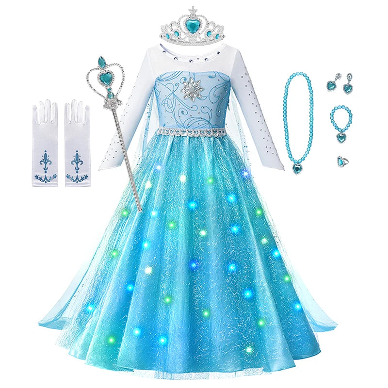LED Light Up Elsa Dresses for Girls Kids Carnival Christmas Party Gown Childrens Cosplay Party Clothes Girls Long Sleeve Dresses