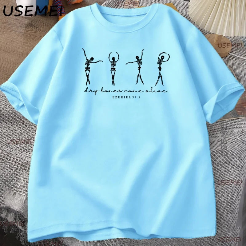 Skeleton Dancing T-Shirt Men Women Christian Halloween T Shirt Retro Fall Bible Verse Tee High Quality Man Clothing Streetwear