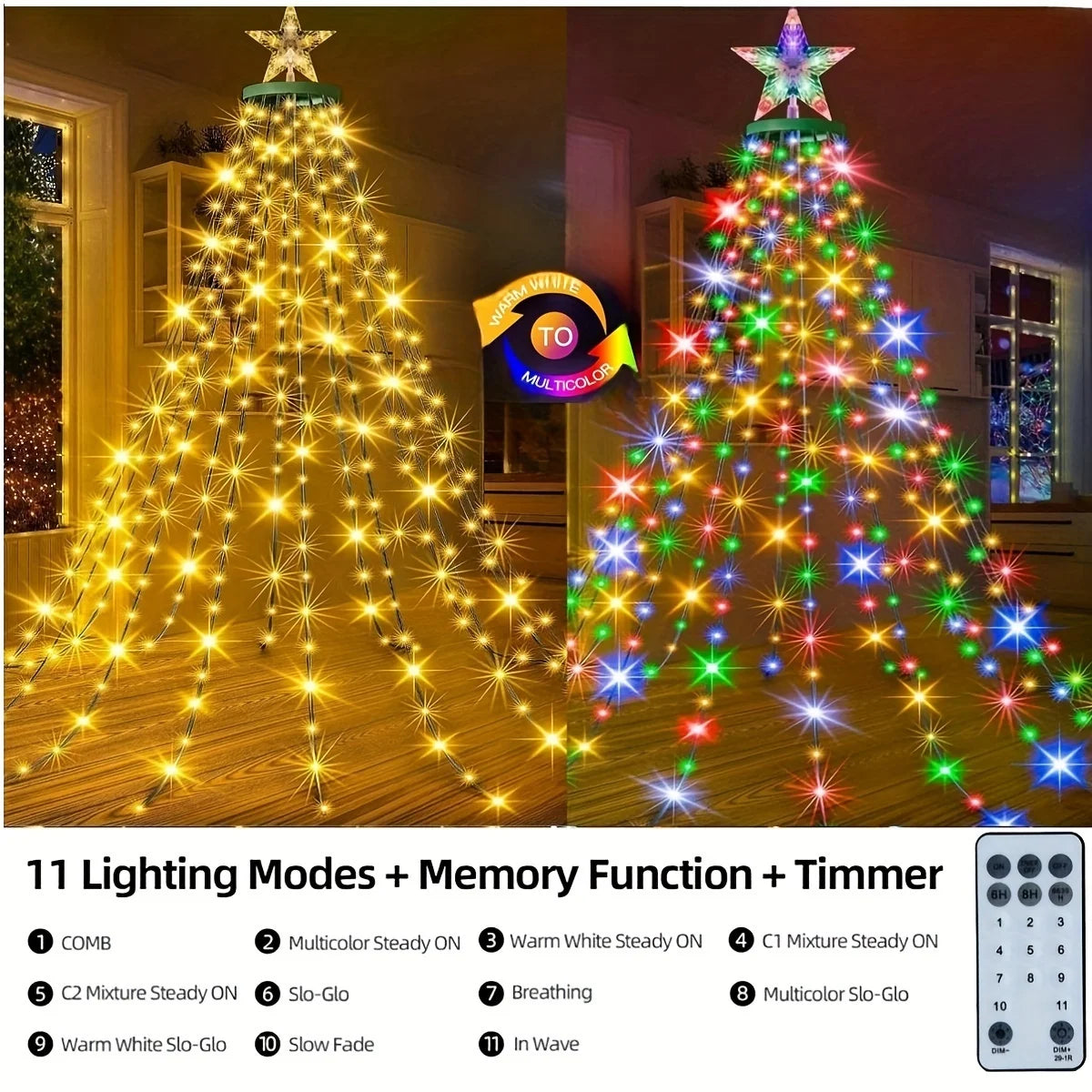 HYGX Christmas Tree Light Strip with Rings, 400 LED Christmas String Lights with Star Top, 6.6 Feet x 16 Rows of Fairy Lights