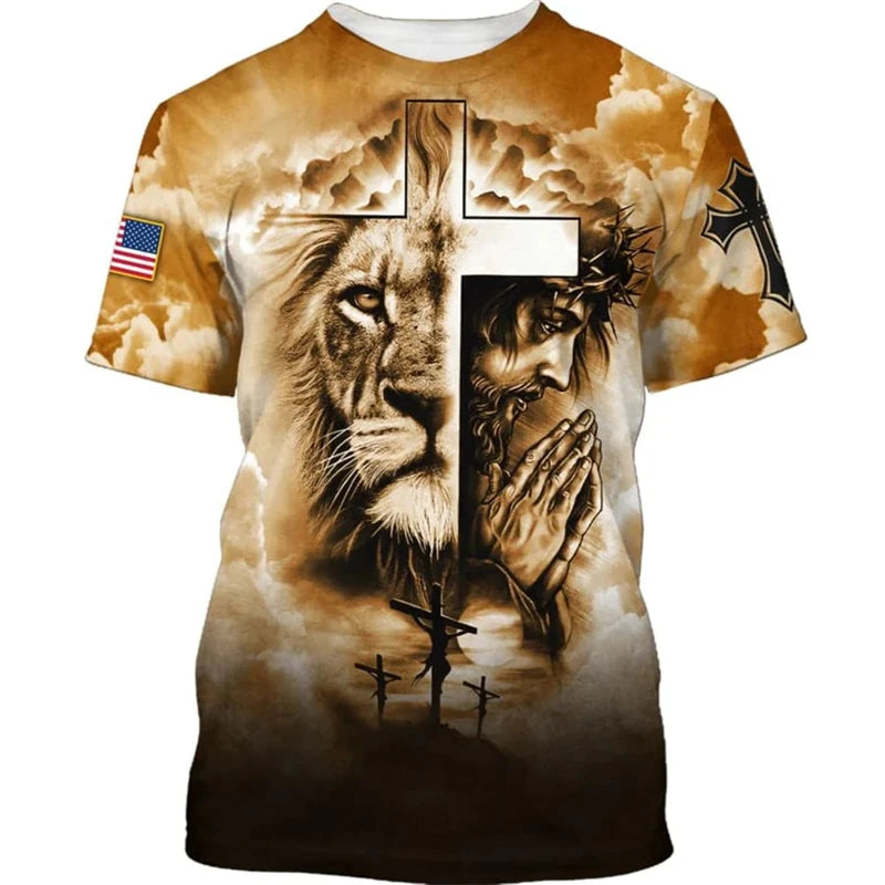 Trendy Vintage T Shirt For Men Women  3D Full Print Lion Cross Graphic T-Shirt Fashion Short Sleeve Jesus Christian Y2k Clothing