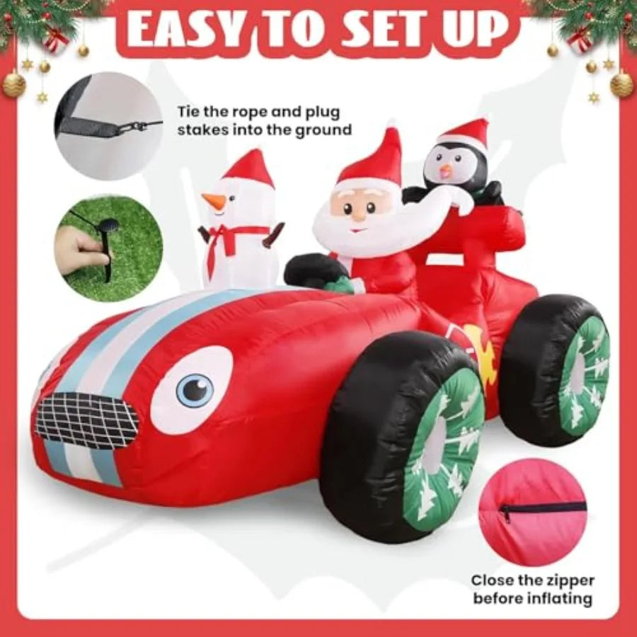 8FT Inflatable Christmas Decorations Outdoor Santa Race Car with Snowman Penguin LED Lighted Blow Up Xmas Inflatable Yard Decor